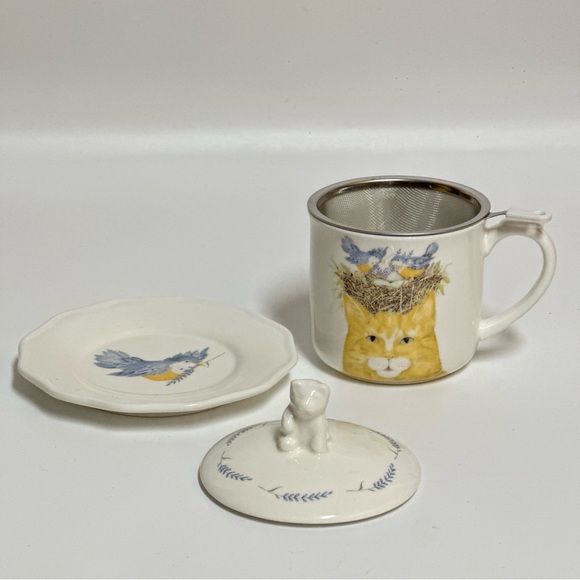 Creative Co-Op Cat Bird Nest Tea Mug Set Mary Lake-Thompson Infuser Dish - Picture 2 of 5